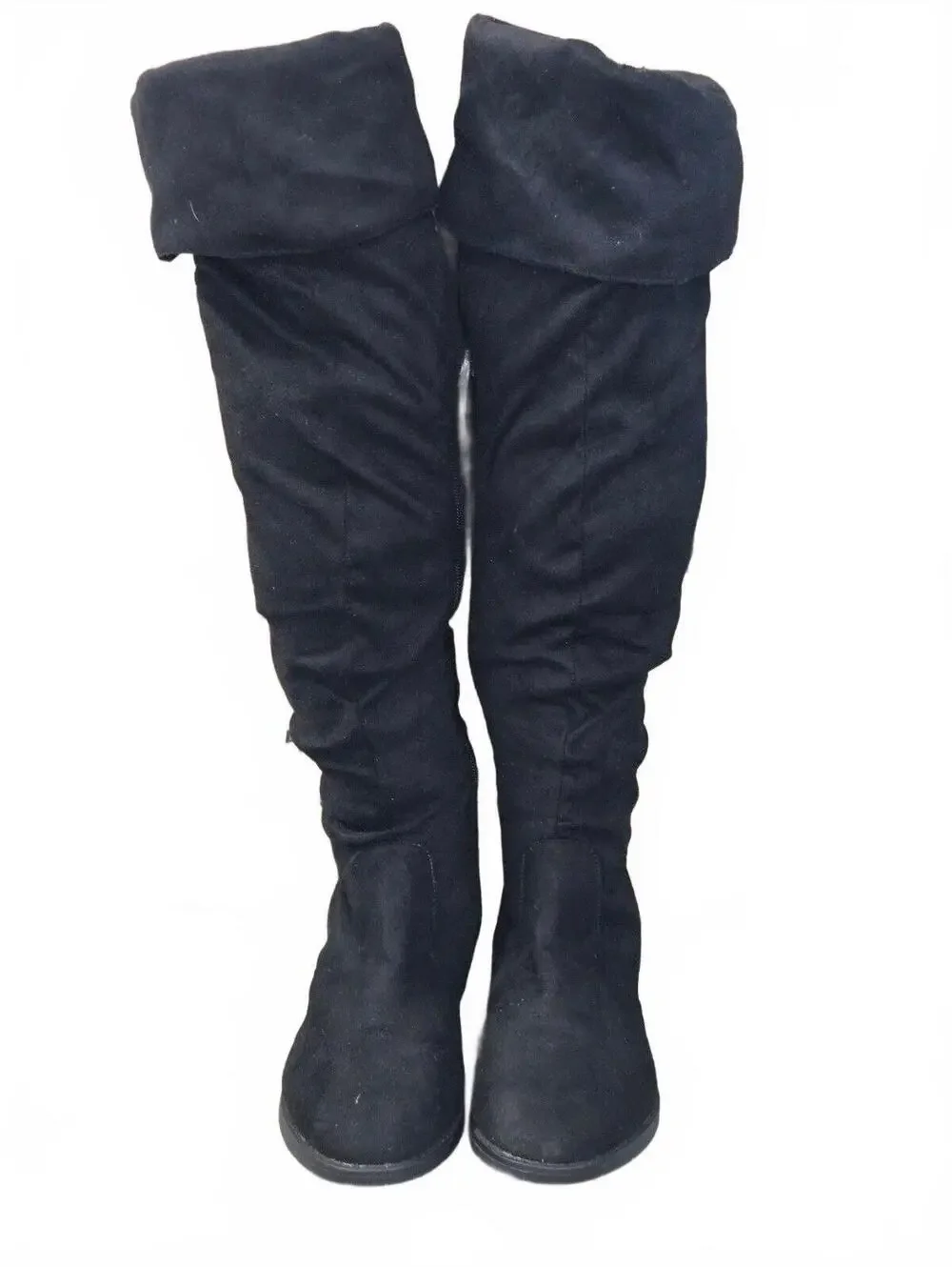 Bella Marie Black Over-the-Knee Fold-Over Flat Boots with Side Zipper
